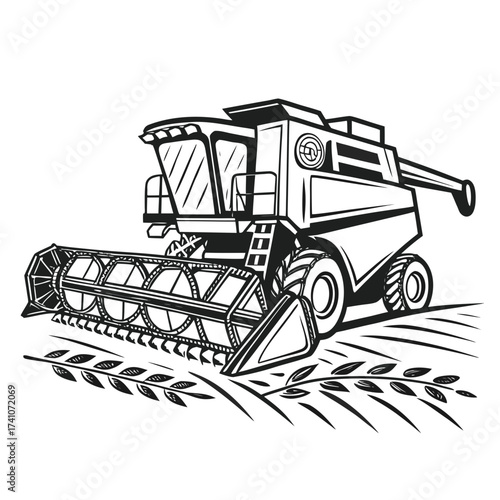 Black and white vector illustration of a combine harvester