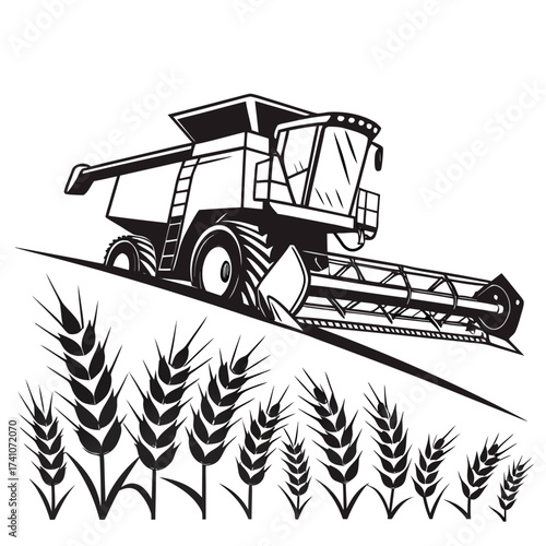Black and white vector illustration of a combine harvester in a wheat field