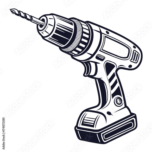 Black and white vector illustration of a cordless drill 1