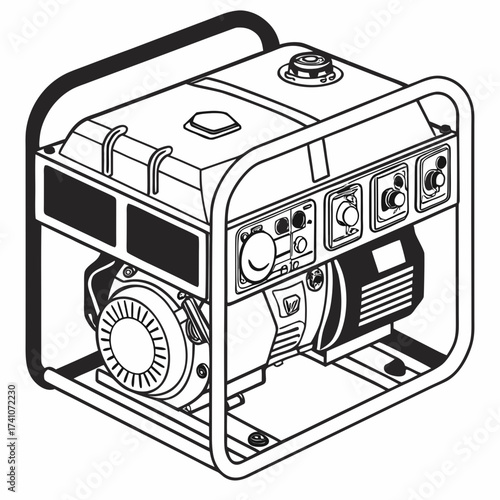 Black and white vector illustration of a portable diesel generator