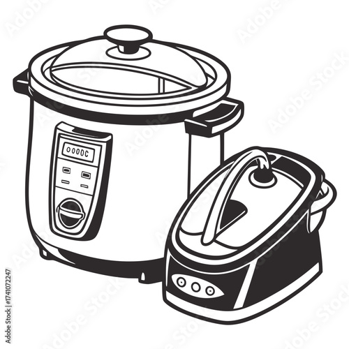 Black and white vector illustration of a rice cooker and a steamer