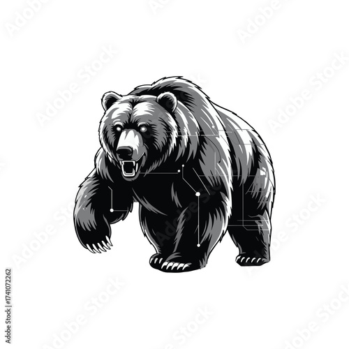 Powerful grizzly bear roaring aggressively, digital illustration with circuit board patterns. Ferocious animal emblem for apparel and T-shirt Design. Wild predator artwork.