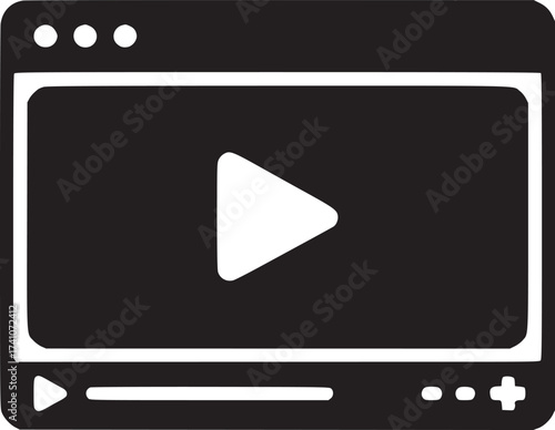 Illustration of a black video player interface with a play button on a light gray background