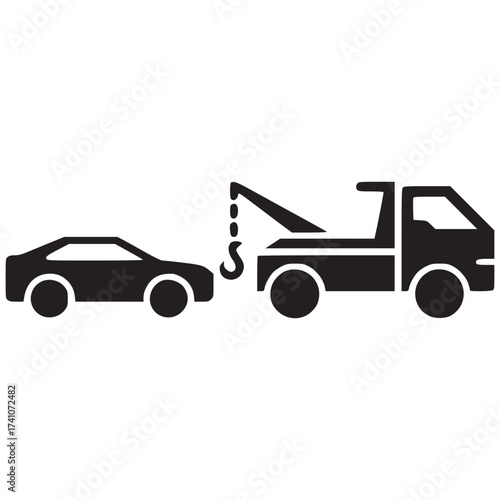 A simple graphic of a tow truck towing a car on a white background in a minimalist style design