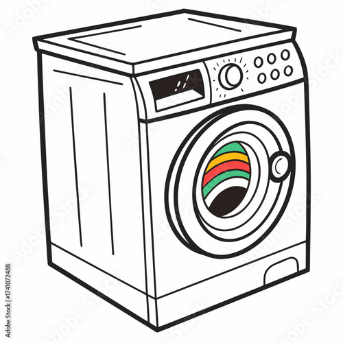 Black and white washing machine with colorful drum interior