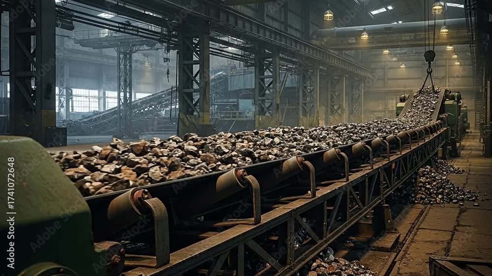 Industrial efficiency in a simple form a long conveyor belt transporting raw materials through a busy, large-scale factory environment, symbolizing the power of production