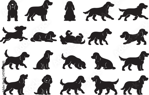 Diverse dog breeds silhouettes collection of various poses and actions pack