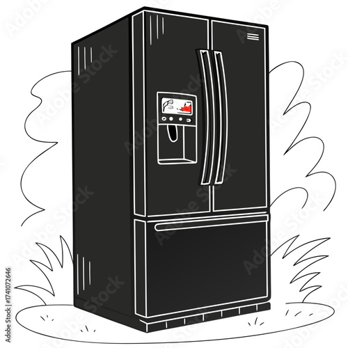 Black refrigerator with electronic display and water dispenser