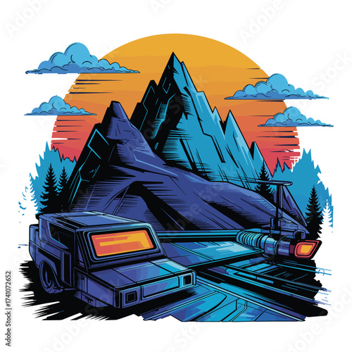 Vibrant mountain landscape with car on road, driving towards sunset. Outdoor adventure scene for apparel and T-shirt Design. Nature travel illustration.