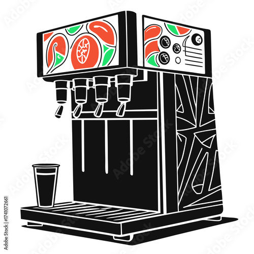 Black soda dispenser with orange and green fruit graphics