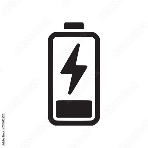 A simple graphic of a battery with a lightning bolt inside on a plain white background design icon