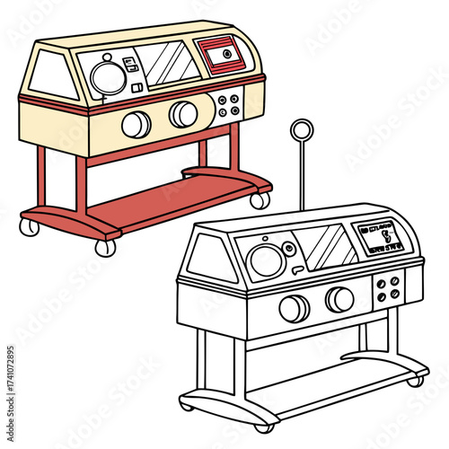 Colorful and outline medical incubator machines on wheels