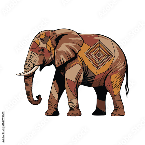 Elephant illustration adorned with various patterns and textures. Stylized animal for T-shirt Design, wildlife projects, global patterns, safari.