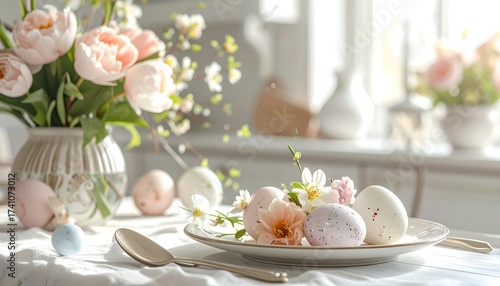 Easter still life featuring eggs, flowers, and vase in a bright, airy room