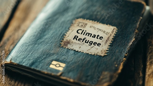 Weathered passport with “Climate Refugee” label