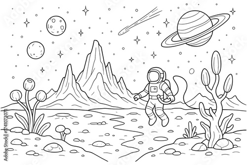 astronaut landscape coloring page , alien plants, mountains, saturn, comets
