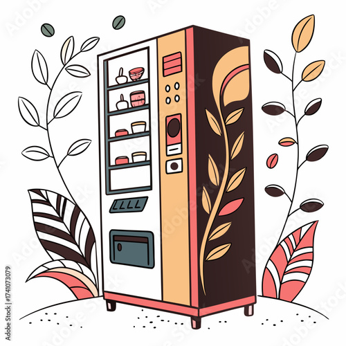 Colorful coffee vending machine with decorative plants
