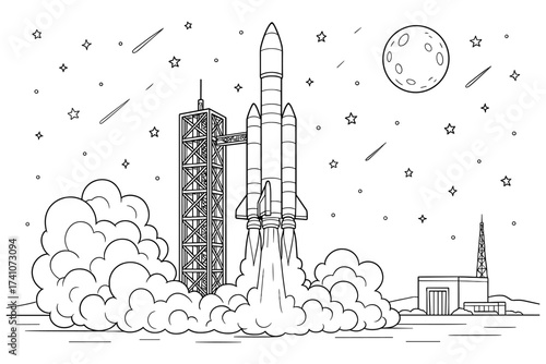 rocket launch coloring page, launch pad, smoke, moon, stars
