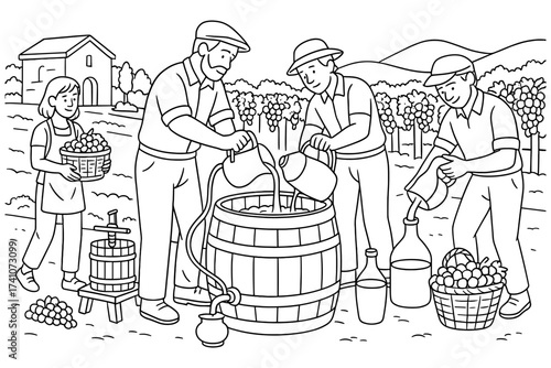 winemaking coloring page ,vineyard, barrel, pouring grapes, farmers, tools