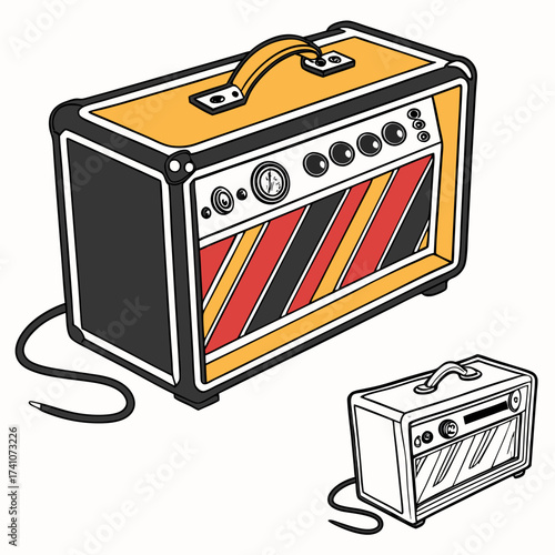Colorful electric guitar amplifier and smaller black and white version
