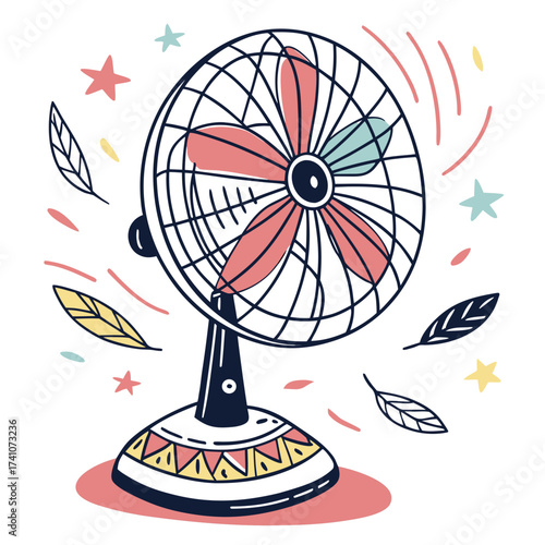 Colorful electric fan with stars and leaves appliance