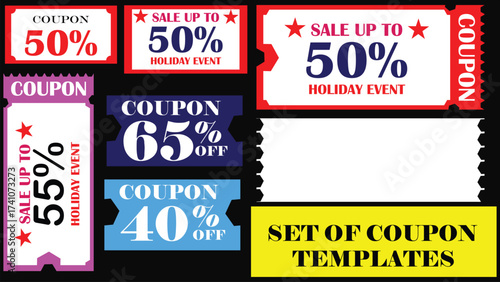 Set of coupon templates with various discount percentages set of coupon templates