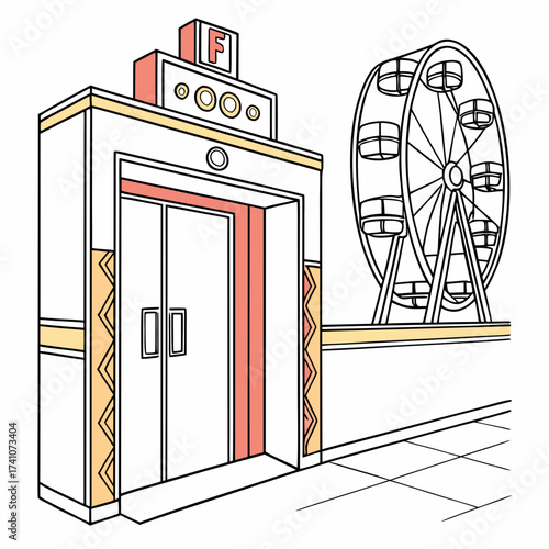 Colorful Ferris Wheel and Elevator Entrance building