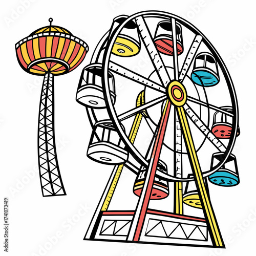 Colorful Ferris Wheel and Tower Ride amusement park