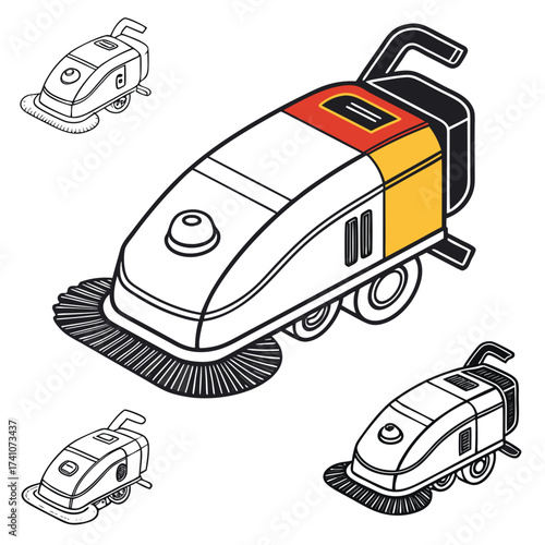 Colorful futuristic cleaning robot with brushes machine