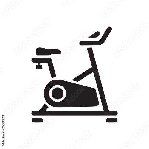A simple dark silhouette of an exercise bike with seat and handlebars on a white background image