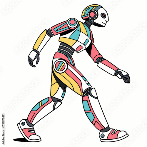 Colorful humanoid robot walking on white background