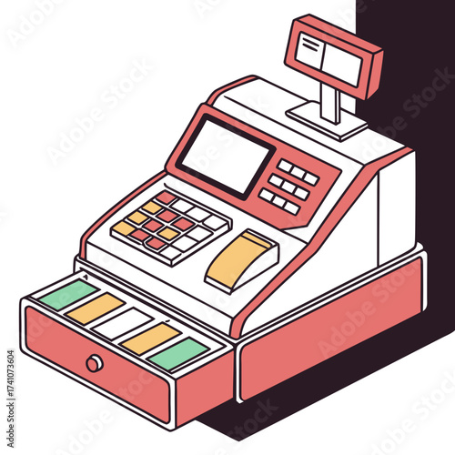 Colorful isometric cash register with open drawer electronic cash register