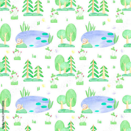 Hand drawn watercolor small trees and a pond seamless pattern. Illustration of forest isolated on white background. Can be used for textile, fabric, scrapbook and other printed products.