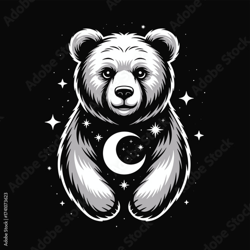 Arctic bear with moon and stars constellation. Monochrome T-shirt Design for cosmic animal. Grizzly bear silhouette with space elements.