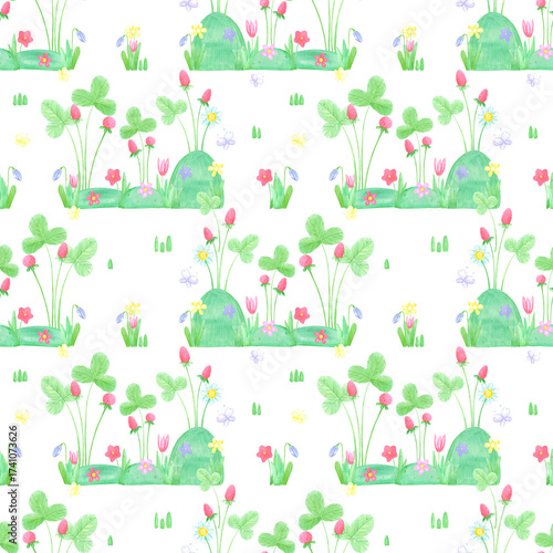 Hand drawn watercolor wild strawberry with green leaves and flowers seamless pattern. Illustration isolated on white background. Can be used for textile, fabric, scrapbook and other printed products.