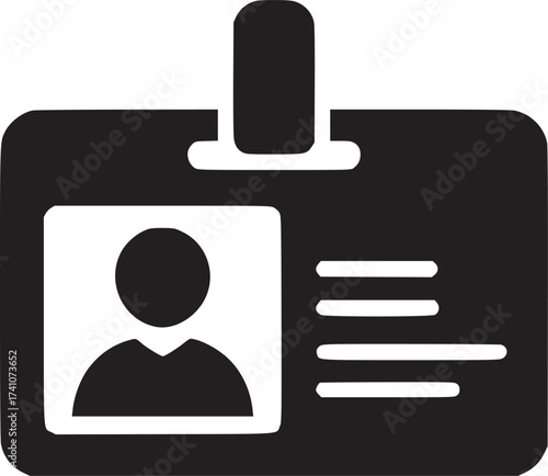 A black id card icon with a placeholder photo and lines representing text on a white background