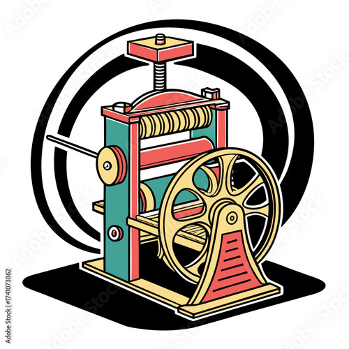 Colorful printing press machine graphic with black circular background