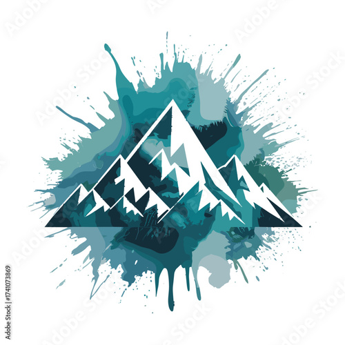 Snowy mountain T-shirt Design with jagged peaks and dynamic teal watercolor splash background. Ideal for outdoor enthusiasts, adventure apparel, or nature themes.