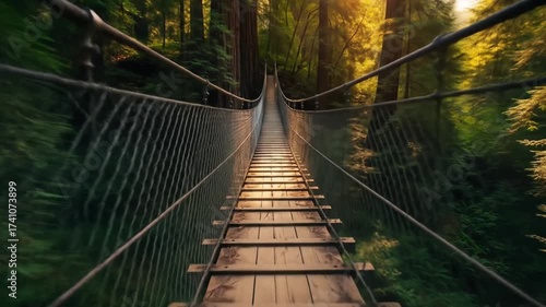 Suspension bridge stretching above lush green forest leading toward golden sunlight at horizon creating an adventurous pathway through towering trees