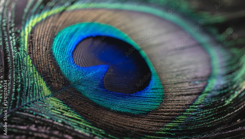Naklejka premium Close-up texture of layered peacock tail feathers, showing vibrant iridescent eye-spots and detailed barbs, contrast on dark background.