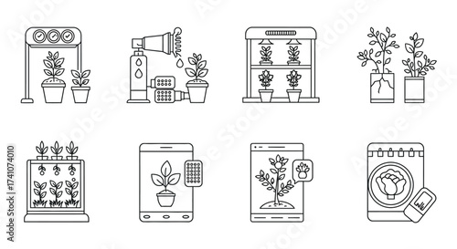 Indoor gardening equipment icons grow lights hydroponics and plant monitoring