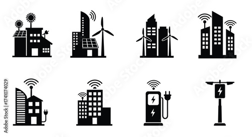 Sustainable city elements solar panels wind turbines and electric infrastructure
