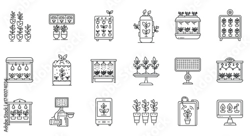 Collection of various indoor growing systems and plant cultivation equipment icons