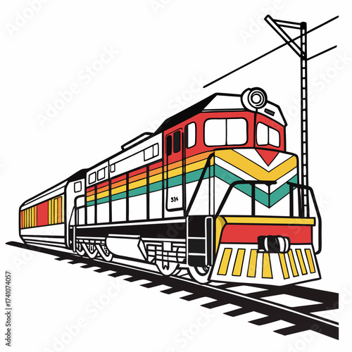 Colorful retro train engine on tracks vector graphic