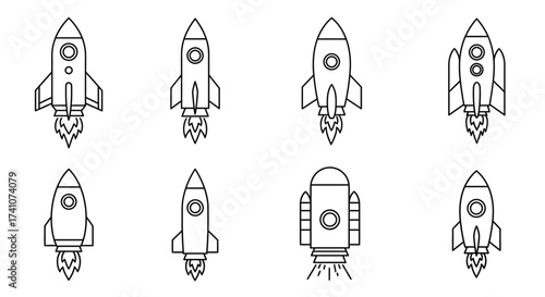 Simple black and white line drawing of various rocket ship designs