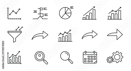 Collection of business and data analysis icons in simple line style