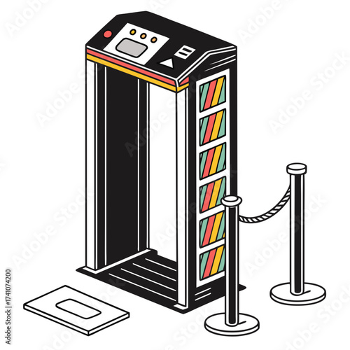 Colorful security scanner gate with stanchions metal detector