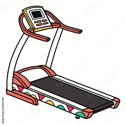 Colorful treadmill machine with digital screen and handrails