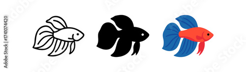 Minimalist betta fish designs in black, white, and color variations