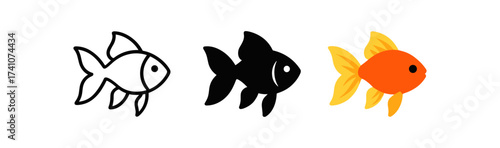 Minimalist fish icons in black and white and colorful goldfish design